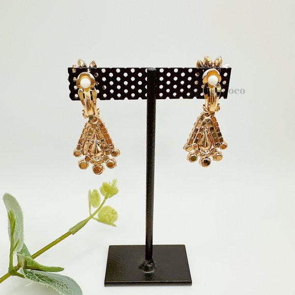 CLIP ON Flower Point Rhinestone Chandelier Bridal Earrings - Picture 6 of 9